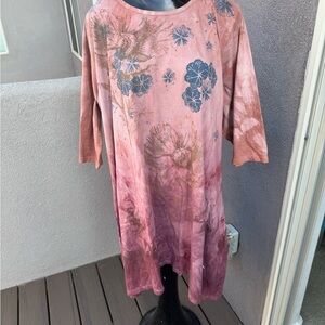 Blue Fish Wave Dress Natural Pink Flowers Sz 2x Organic Cotton